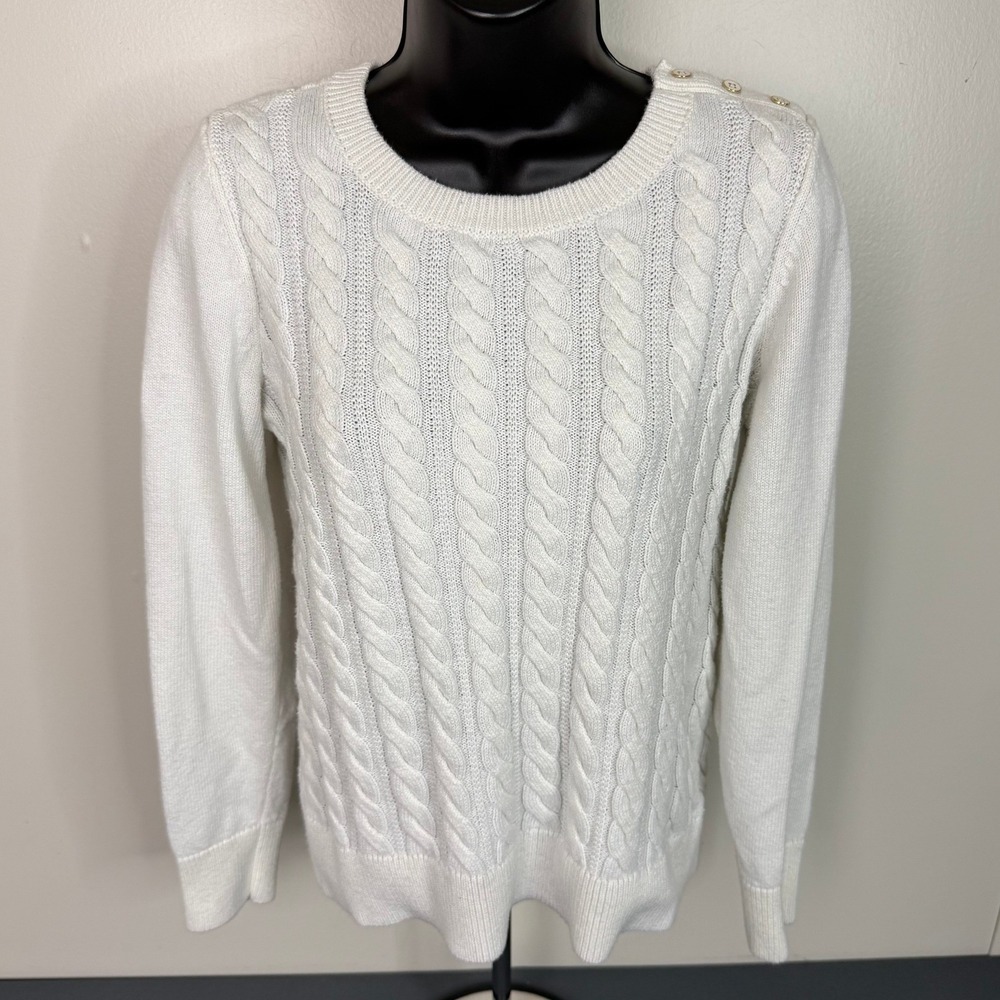 Talbots Sweater Womens Med Blue accents Cable Knit Button Shoulder Long Sleeve